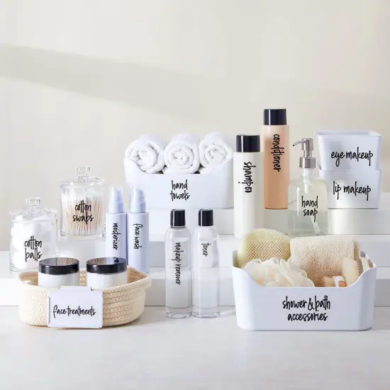 Talented Kitchen 192 Preprinted Bathroom Labels for Containers - Black Script Stickers for Organizer Bins, Bath, Beauty Canisters, and Makeup Storage Organization (Water Resistant) {5}