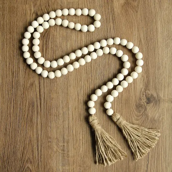 58in Wood Bead Garland with Tassels,Farmhouse Beads Rustic Country Decor Prayer Boho Beads Wall Hanging Decoration (Nature) {5}
