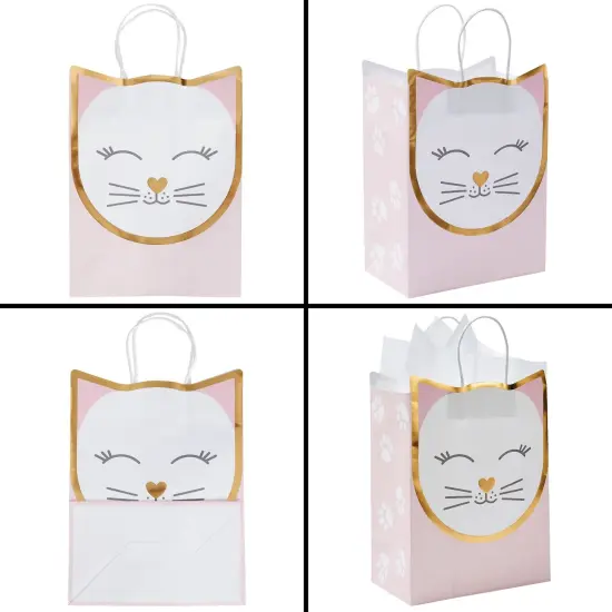 15 Pack Cat Gift Bags for Birthday Party Favors w/ 20 Sheets of Tissue Paper, 8 x 10 x 4.7 in Pink {5}