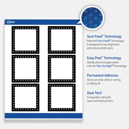 Avery Printable Square Labels, Black and White Polka Dots, 3" x 3", Matte White Square Labels, Permanent, Laser/Inkjet, 60ct, Great for Product Labels {3}