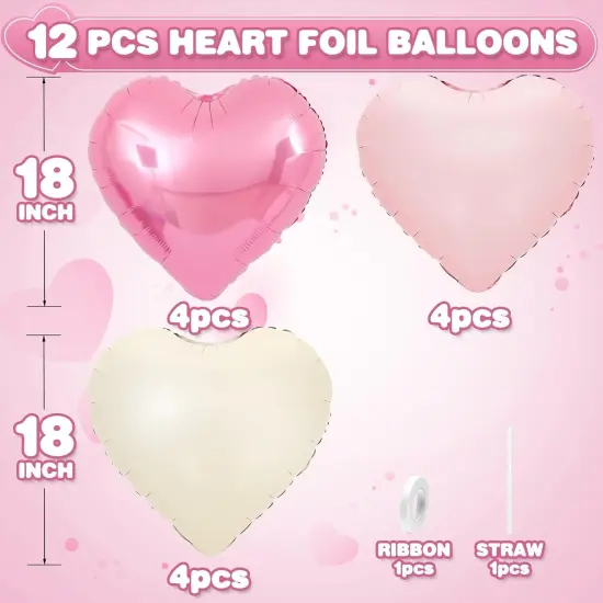 Pink White Heart Balloons,12Pcs Baby Pink Cream White Heart Shaped Foil Balloons,18Inch Light Pink Sand White Helium Mylar Balloon for Baby Shower Birthday Anniversary Wedding Party Decorations {2}