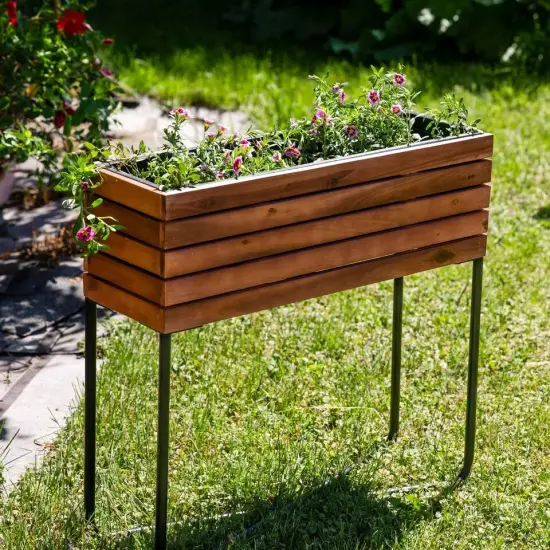 Acacia Wood Slatted Planter Box with Oil-Stained Finish {3}