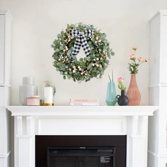 Artificial Spring/Summer Wreath 24 Inch Evergreen Wreaths for Front Door Eucalyptus Wreath with Berries for Outside All Seasons Indoor Outdoor Decor {5}