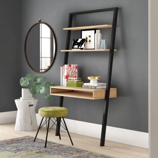 Rustic Oak Black Solid Wood Ladder Writing Desk with Shelves and Slim Frame {2}