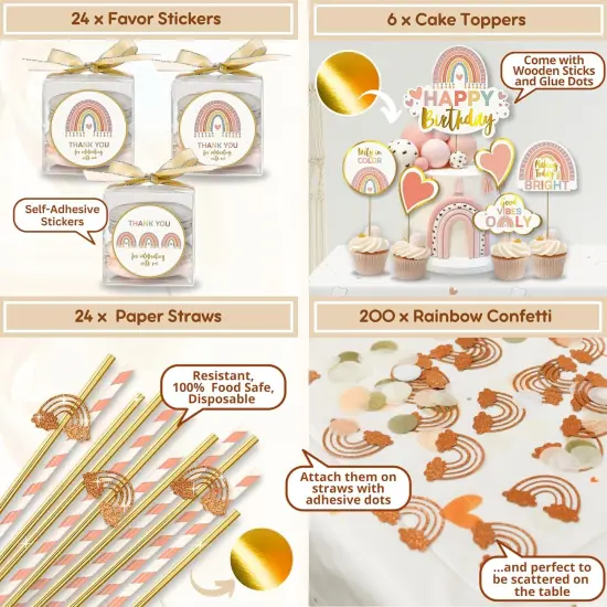 310 Pcs Boho Rainbow Birthday Decorations - Boho Balloon Arch Kit, Party Supplies serves 24, Banner, Garland, Cake and Cupcake Toppers, Confetti, Bohemian First, Pastel Dusty Pink Nude Blush Brown {5}