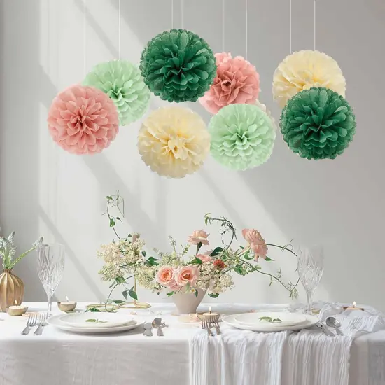 12PCS Paper Tissue Pom Poms Ceiling Decors Sage-Olive Green Pink-Beige Boho Paper Flower Ball for Birthday Bachelorette Wedding Baby Shower Bridal Shower Party Decoration {2}