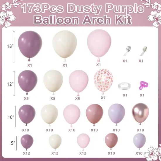 173Pcs Dusty Purple Balloon Arch Garland Kit, Double-stuffed Pink White Sand Lavender Lilac Light Purple Rose Gold Confetti Balloons for Baby Bridal Shower Wedding Birthday Party Decorations {2}