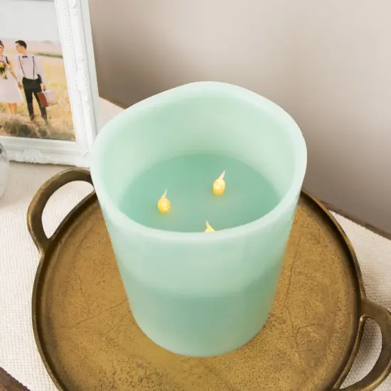 Northlight Flameless LED Lighted 3-Wick Flickering Wax Pillar Candle - 8" - Sage Green {4}
