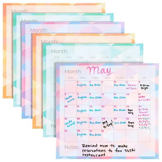 6-Pack Undated Monthly Adhesive Peel and Stick Calendar, Dry Erase Reusable Calendar for Wall, Home Office Schedule Reminders, Memo Notes, 3 Assorted Colors (13.75x12.8 in) Multicolor {1}