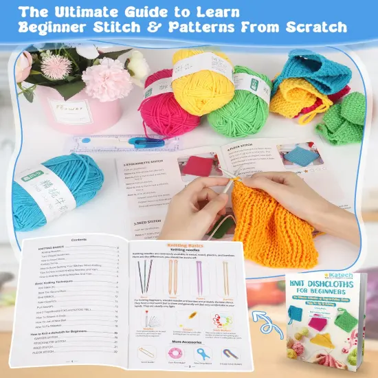 Katech Knitting Kit for Beginners - Learn to Knit Dishcloth - Adults & Kids Knitting Kit with Knitting Book, Needles, Yarn, Yarn Needle, Craft Kits Gift (Beginner to Expert) {3}