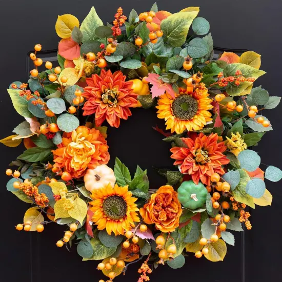 24 Inch Fall Autumn Wreath with Sunflowers {1}