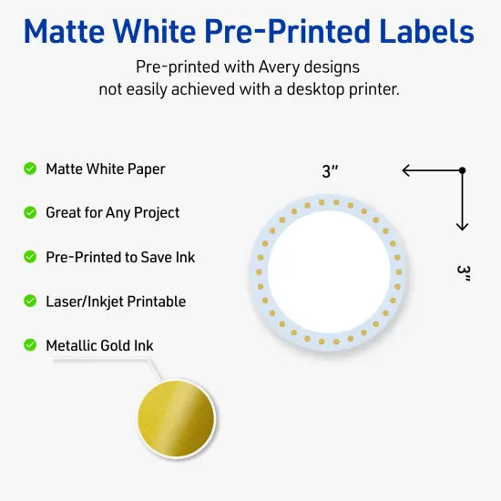 Avery Printable Round Labels, Gold Dots with Blue Border, 3" Diameter, Matte White Round Labels, Permanent, Laser/Inkjet, 60ct, Great for Product Labels {2}