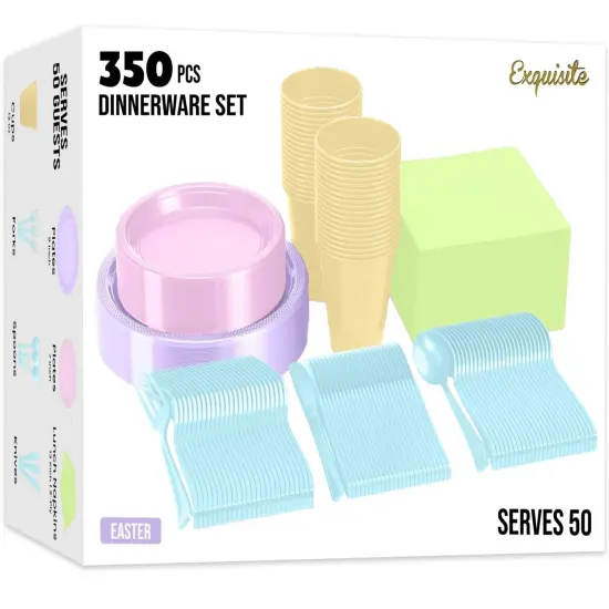 Exquisite 350 Pcs Plastic Plates for Party &ndash; Disposable Plates Set &ndash; 50 Each of 9" Dinner Plates, 7" Dessert Plates, Plastic Cups, Napkins & Plastic Cutlery &ndash; Plastic Dinnerware by Party Solids Easter {1}