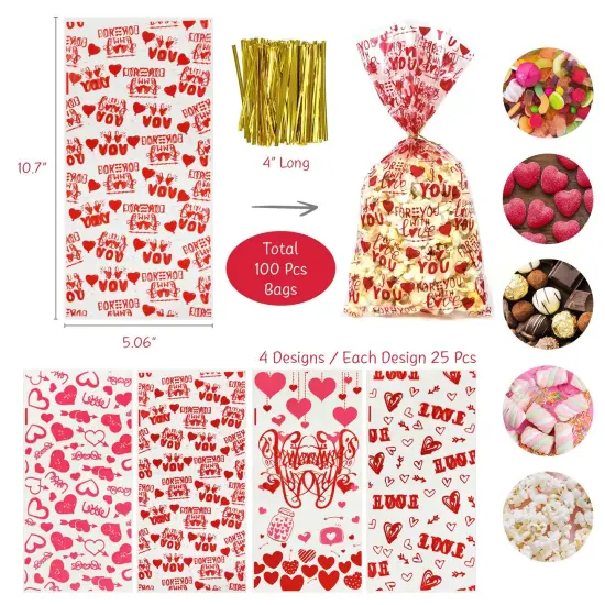 Wrapables Valentines Cellophane Treat Bags With Twist Ties for Candy, Cookies, Treats, Gifts and Party Favors (100pcs), Love Hearts {2}
