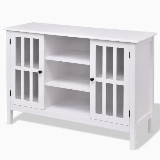 White 43-inch TV Stand with Glass Doors and Storage Shelves {2}