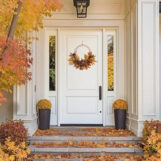 24" Beaded Fall Wreath for Front Door with Wooden Beads {3}