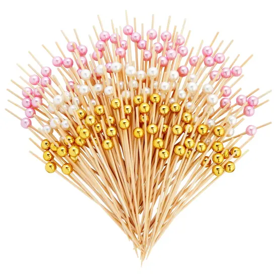 150 Pack of Decorative Toothpicks for Appetizers, Bamboo Food Picks (Pink, Gold, and White Pearl, 4.7 in) Brown {1}