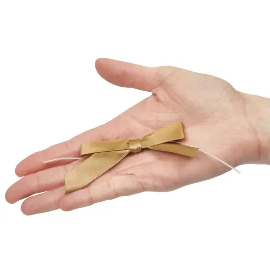 100-Pack Twist Tie Bows for Crafts, Pre-Tied Satin Ribbon for Christmas Gift Wrap Bags, Party Favors, Baked Goods, Cookies, Mini Bowties for Hair Decorations (2.5x3 in, Metallic Gold) {7}