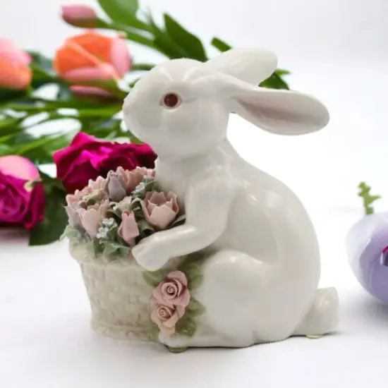 Ceramic Bunny Rabbit With Flower Basket Figurine, Home D&eacute;cor, Gift for Her, Gift for Mom, Kitchen D&eacute;cor, Spring D&eacute;cor, Easter D&eacute;cor {2}