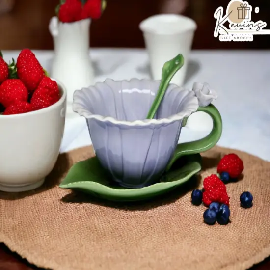 Ceramic Dahlia Flower Cup and Saucer and Spoon-2 Sets, Gift for Her, Gift for Mom, Gift for Friend or Coworker, Tea Party Décor, Café Decor {1}