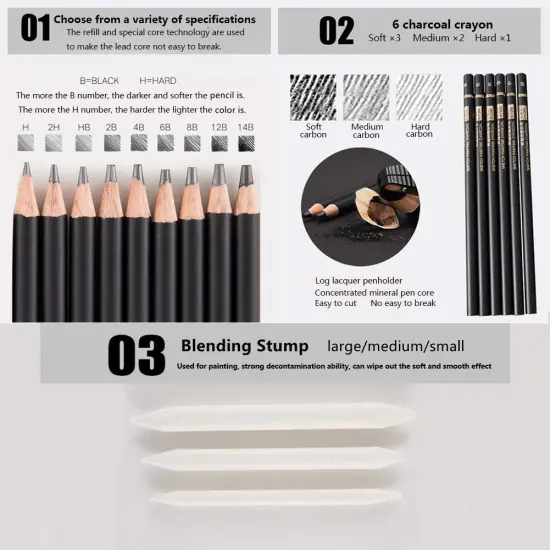 29 Pieces Sketching Pencils Set, Metal Box Packaging, Including Graphite Pencils、Charcoal Pencils、Blending Stumps and other tools for drawing (A set). {1}