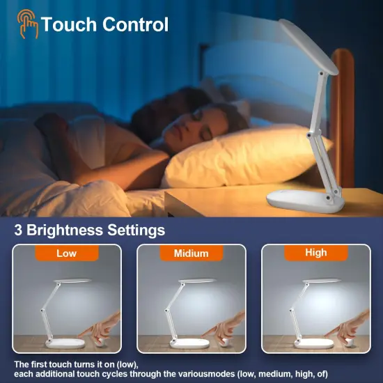 LED Desk Lamp for Office Home & Battery Operated Lamp Rechargeable Lamp Foldable & Portable Light, [2-Fold Bracket] 3 Brightness Dimmable Small Desk Lamp Wireless Reading Lamp (White) {6}