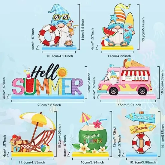 7 Pieces Hello Summer Table Decoration Sign Wooden Centerpieces Beach Gnome Wooden Decor for Farmhouse Summer Beach Home Table Tiered Tray Decor {6}