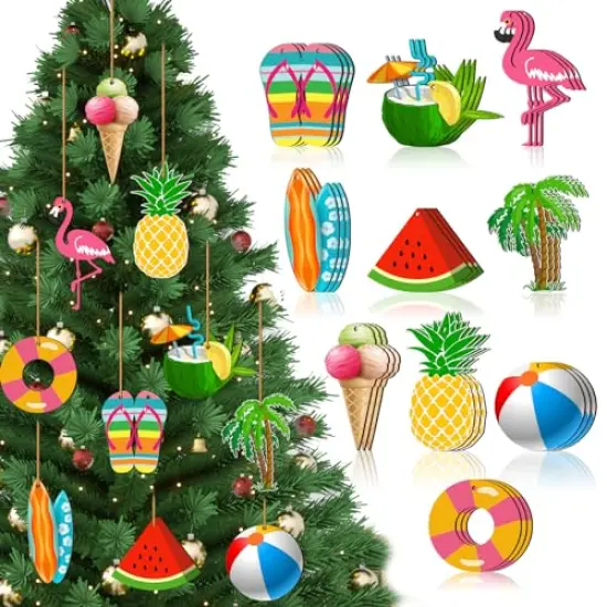 Summer Tree Ornaments Wood Hanging Decoration Beach Wooden Slices Christmas Winter Tree Ornaments with String for Luau Hawaiian Party Supplies(Cute Style, 30 Pieces) {2}
