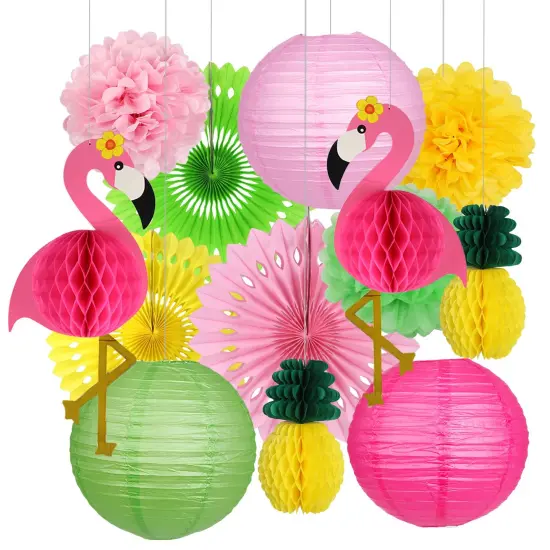 YUNXUAN Flamingo Party Supplies, Hawaiian Party Decorations Flamingo and Pineapple Honeycomb Ball Paper Lanterns Paper Fans Pom poms Flowers for Birthday Luau Tropical Bachelorette Party {1}