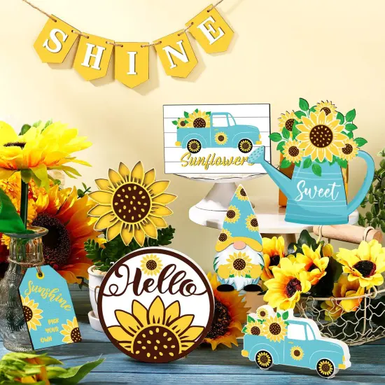 12 Pcs Sunflower Tiered Tray Decor Wooden Summer Tiered Tray Items Truck Gnomes Trays Signs Spring Summer Fall Tabletop Signs for Home Farmhouse Rustic Kitchen Decorations (Sunflower) {6}