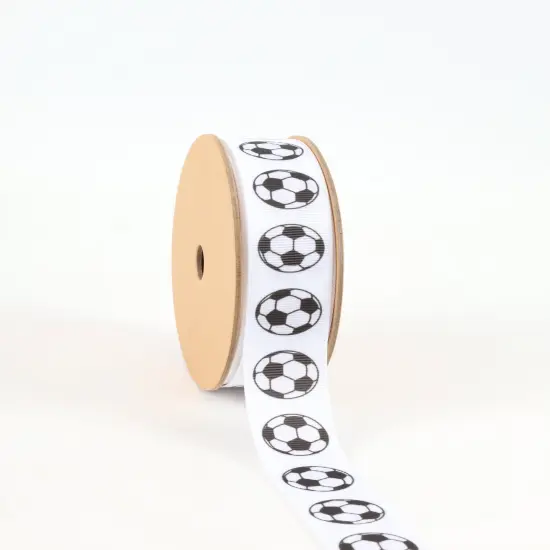 LaRibbons 1" Printed Grosgrain Ribbon | Soccer Balls on White | 25 Yard Roll {1}