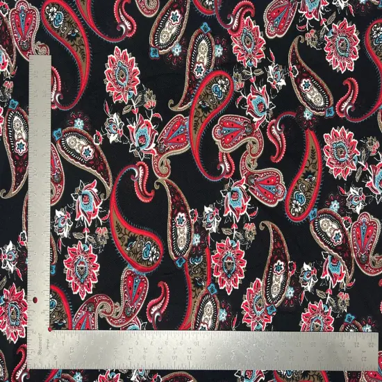 1 Yard Liverpool Knit Paisley Print Fabric Stretch Crepe Textured Fabric for Garments 58"-60" Width Black/Red {1}
