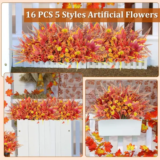 16 Bundles 5 Styles Artificial Fall Flowers for Outdoors {3}