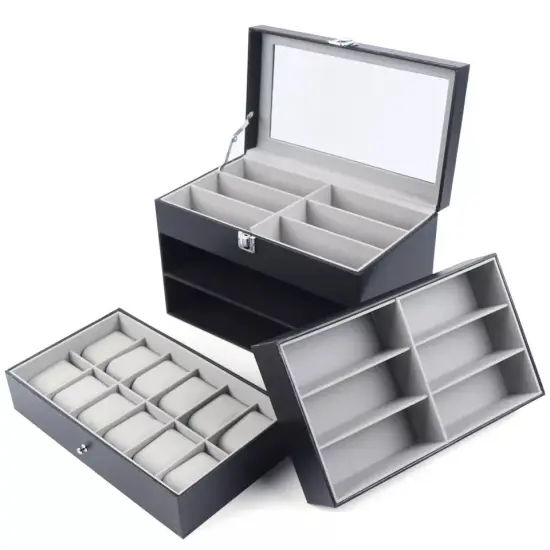 3 Layers Watch Box Jewelry Case 24 Slots Leather Display Storage Box Lockable {4}