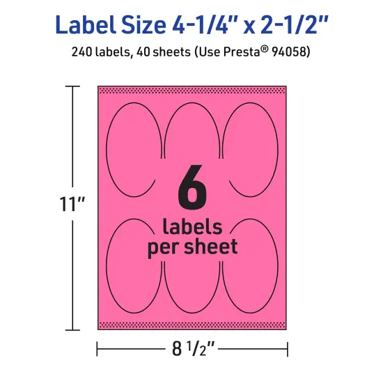 Avery Bright Pink Paper Labels, 4.25" x 2.5" Oval {5}