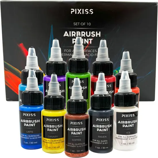 Pixiss Air Brush Painting Set - 10 Colors of Acrylic Paint for Airbrush Kit - Acrylic Airbrush Paint Set for Model Paint Kit - Vibrant Pigments for Various Surfaces {1}