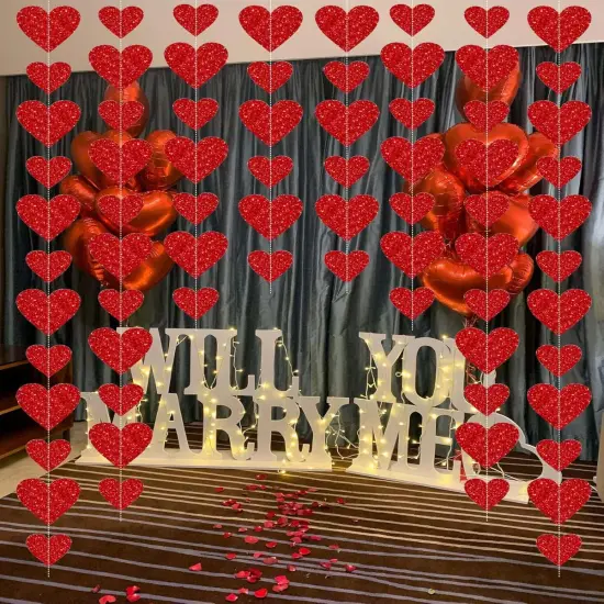 8 Pack Red Glitter Heart Garland Banners Heart Decorations Anniversary {3}