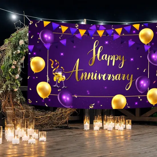 Happy Anniversary Backdrop Banner Decor Purple Gold {4}
