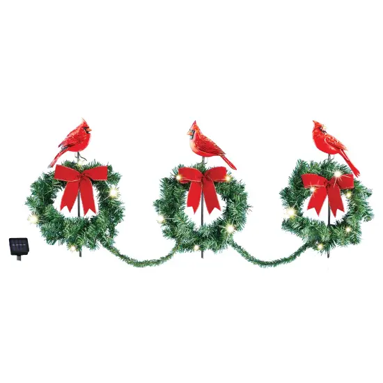 Collections Etc Set of 3 Cardinal Wreath Christmas Path Stakes with Solar Powered Lights {2}
