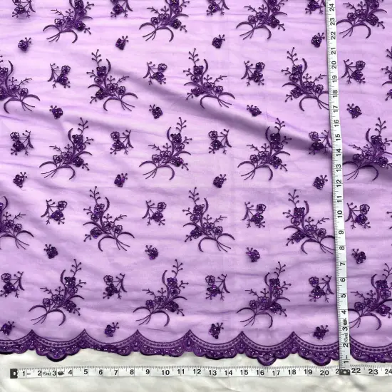 1 Yard Dazzling Beaded Lace Fabric Embroidered on 100% Polyester Net Mesh 54 Inch Width Fuchsia {7}