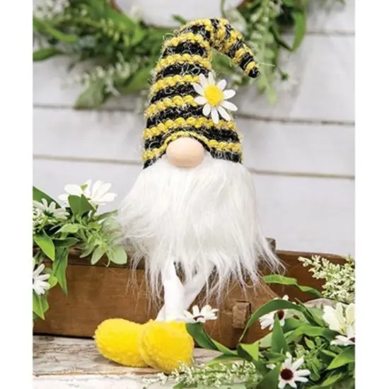 Fuzzy Bee Dangle Leg Gnome with Striped Hat and Felt Daisy Flower Decoration {2}