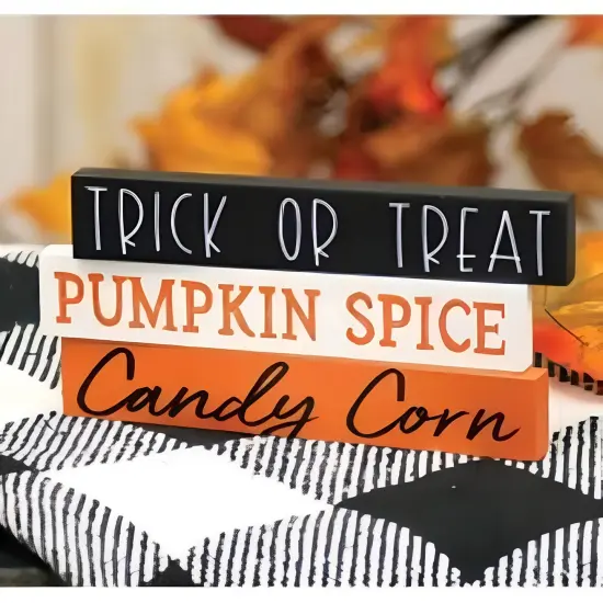Wooden Mini Word Blocks with Pumpkin Spice and Halloween Phrases 3 Asstd. {2}
