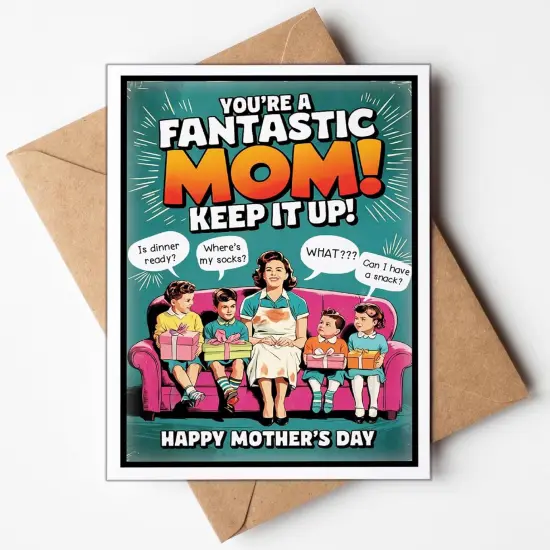 Funny Mothers Day Card From Us, (Handmade in USA), Funny Mothers Day Cards For Mom From Kids, Boutique Style, Retro Mid-Century Design, Premium Cardstock 5x7, Personalize (Blank Inside) {4}