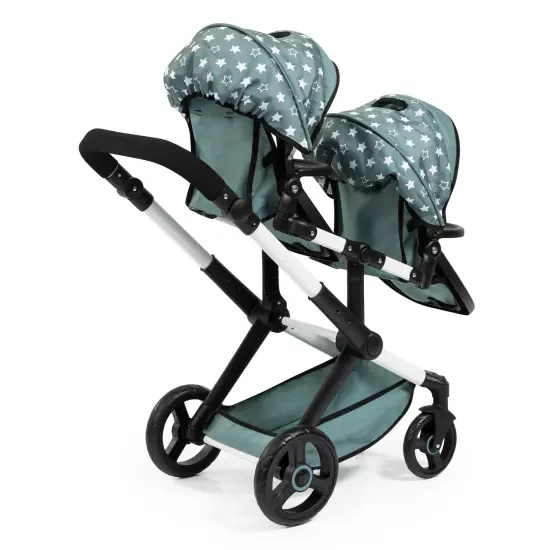 Bayer: Pram Xeo Twin - Green & White Stars - Seats 2 Dolls Up to 18", Shoulder Bag, Adjustable Handle, Foldable, Kids Toy, Ages 3+ {3}