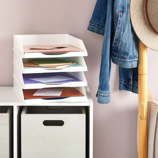 4 Pack White Stackable Paper Trays for Letter Documents, Desktop File Organizers for Office Supplies, Stackable Desk Tray Holder for Paper Storage (10 x 13.45 x 2.5 In) {4}