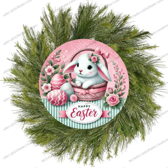Happy Easter Bunny Basket Round Sign {3}