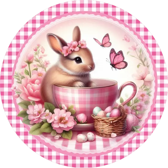 Pink Plaid Check Easter Spring Bunny Teacup Sign {2}