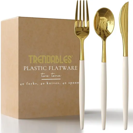 Trendables Disposable Silverware Set - Wedding Plastic Cutlery Dinnerware - Includes two toned Forks, Plastic Spoons, two colored Knives - reflective Plastic Utensils Party Set {7}