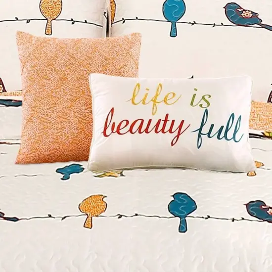 Polyester Birds on Wire Quilt Set with Reversible Design and Decorative Pillows {5}
