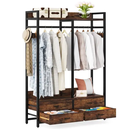 Free Standing Metal Garment Rack with Drawers and Hooks Brown Black {6}